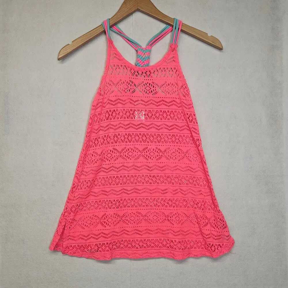 Summer Crush Girls Hot Coral Pink Swim Cover-Up Dress Crochet Lace Size Small